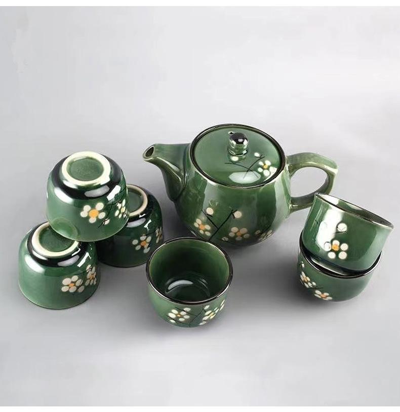 Simple Household Tea Set Ceramic Teapot Teacup Tea Kettle Korean Hand-Painted Green Glaze 9-Head Pot Lid