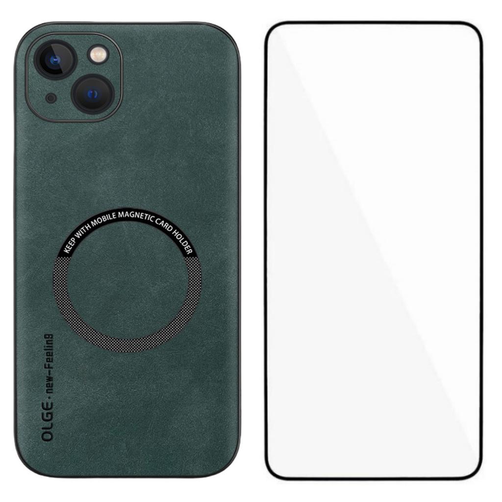 For iPhone 14 Magnetic Case with Tempered Glass Film PU Leather+TPU Phone Cover Precise Cutouts