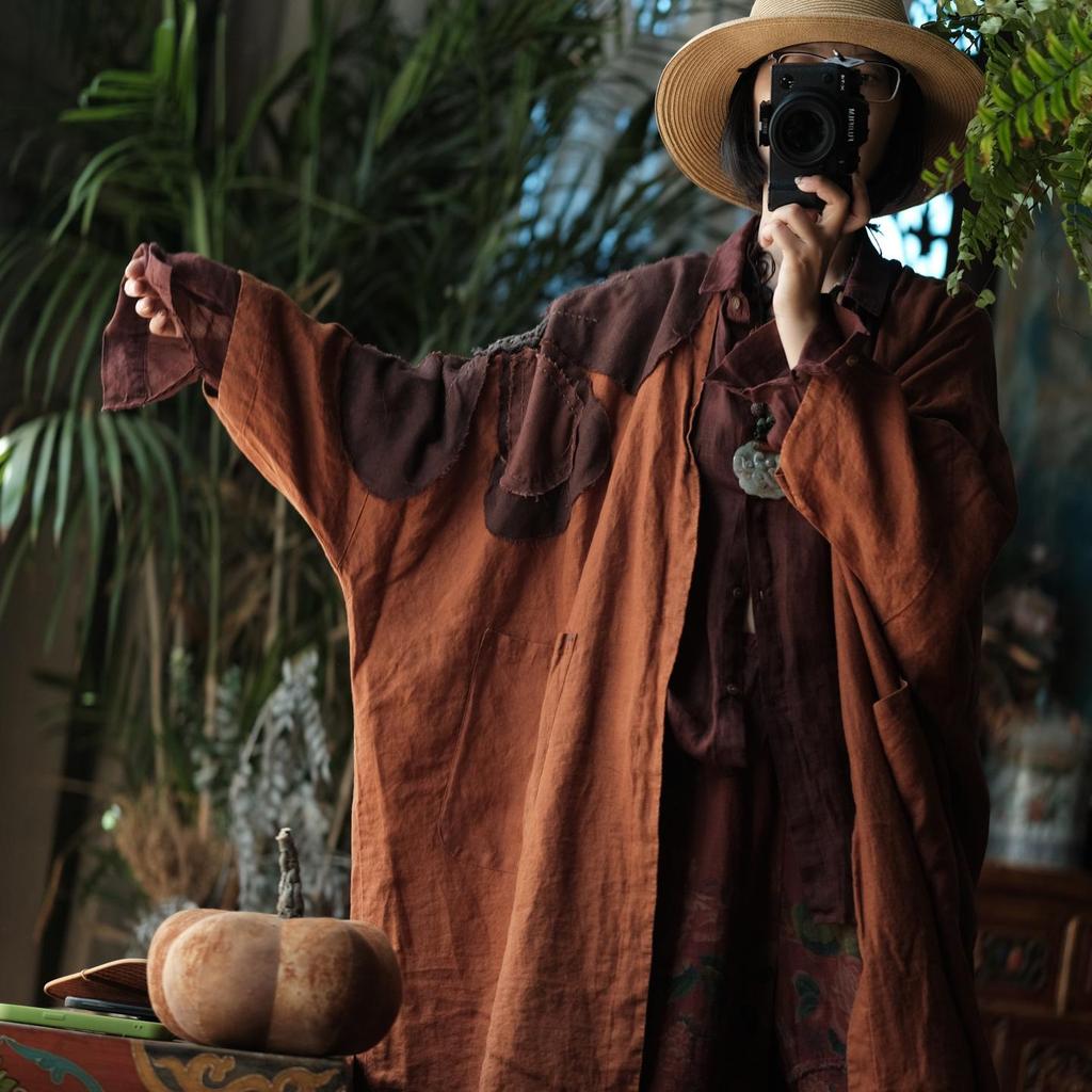 Винтажный льняной халат с вышивкой в виде снежинок