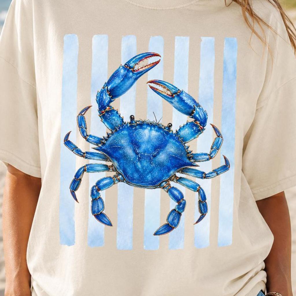 Blue Crab Shirt, Watercolor Crab Tee, Coastal Beach T-Shirt, Ocean Animal Shirt, Summer Vacation Shirt, Crab Lover Gift