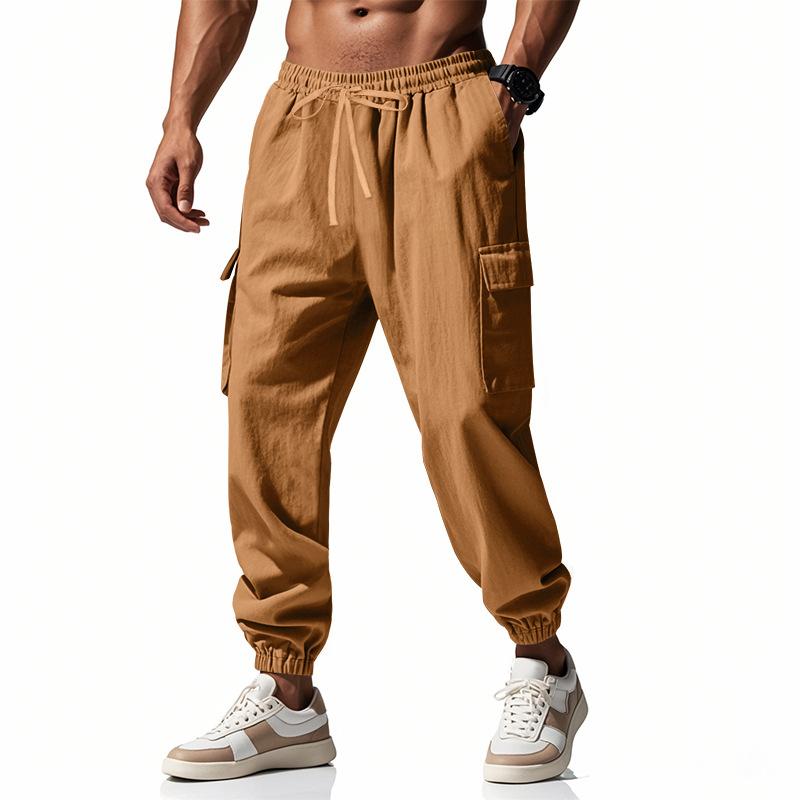 Men's Linen Casual Pants, American Style Wide Leg Outdoor Sports Jogger Cargo Trousers for Spring Autumn