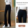 High-Waist Black Plush Flared Pants for Women - Slim-Fitting, Elastic, Avocado Color, Ideal for Autumn/Winter.
