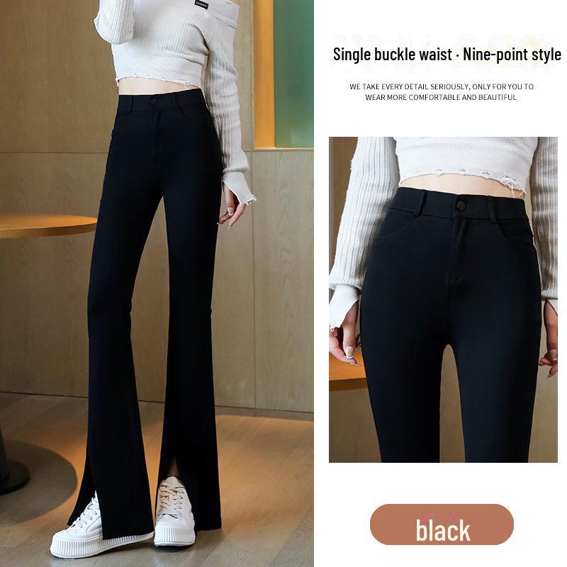 High-Waist Black Plush Flared Pants for Women - Slim-Fitting, Elastic, Avocado Color, Ideal for Autumn/Winter.