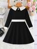 Черно-белое вязаное платье с длинным рукавом для девочек с воротником Питер Пэн и декоративными карманами