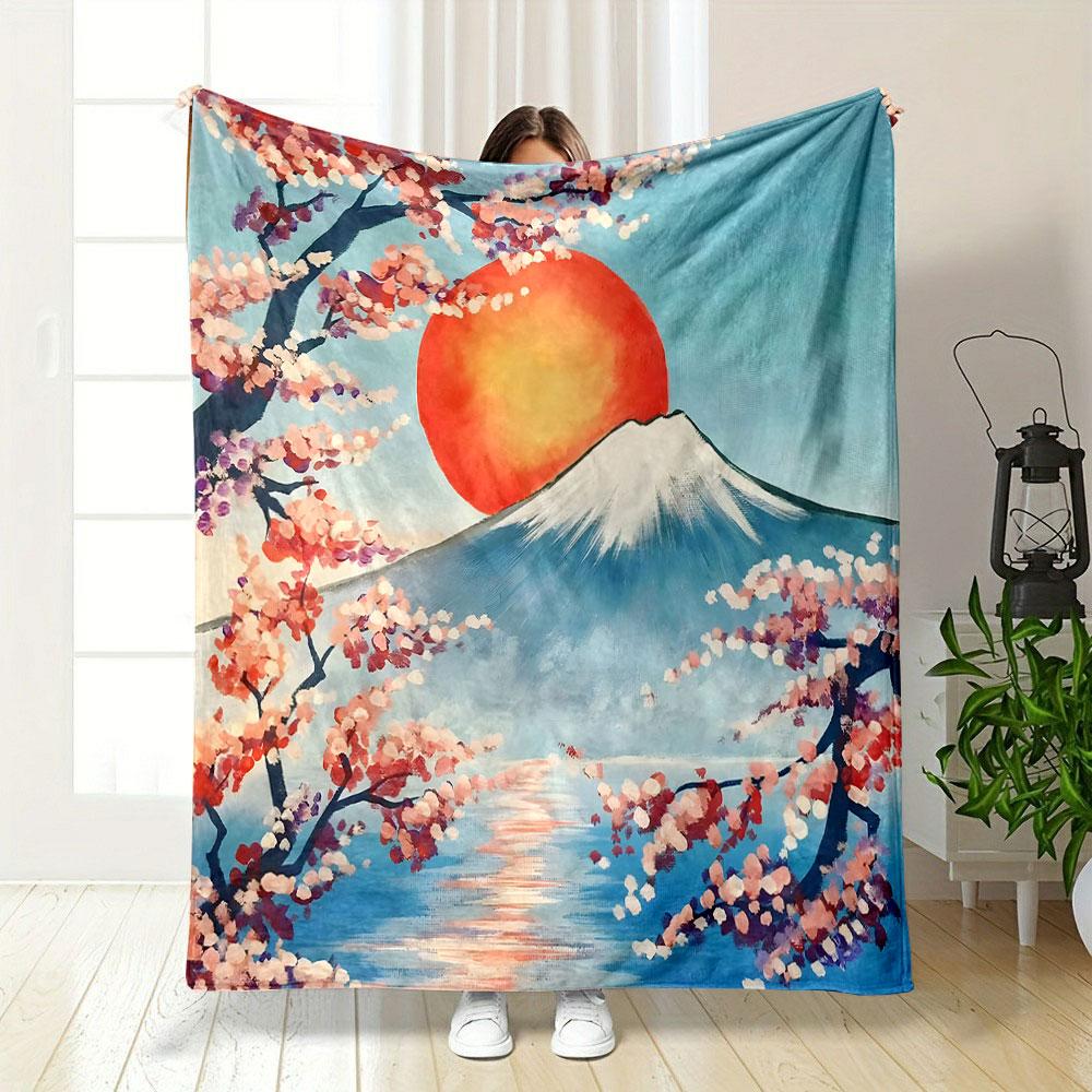 Cherry Blossoms and Mount Fuji Sunrise Patterned blanket, flannel, suitable for all seasons, home decor, warm and cozy