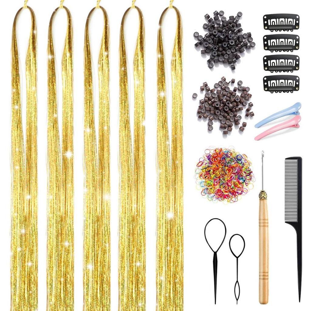 Набор мишуры для волос с инструментами Мишура для волос Термостойкий набор мишуры для волос феи Наращивание волос 47 дюймов 1100 прядей Блестящая мишура