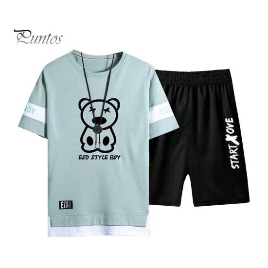 2 шт./компл., мужская спортивная одежда с круглым вырезом и коротким рукавом, футболка с рисунком медведя, эластичная талия, широкие шорты, комплект, свободная спортивная одежда