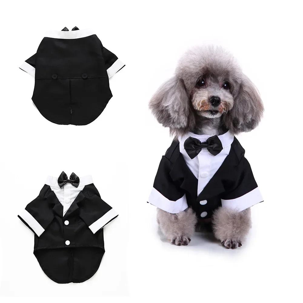 Cute Striped Dog Tuxedo Tailcoat Wedding Outfit Gentleman Pet Suit with Bow Tie for French Bulldog Halloween Costume
