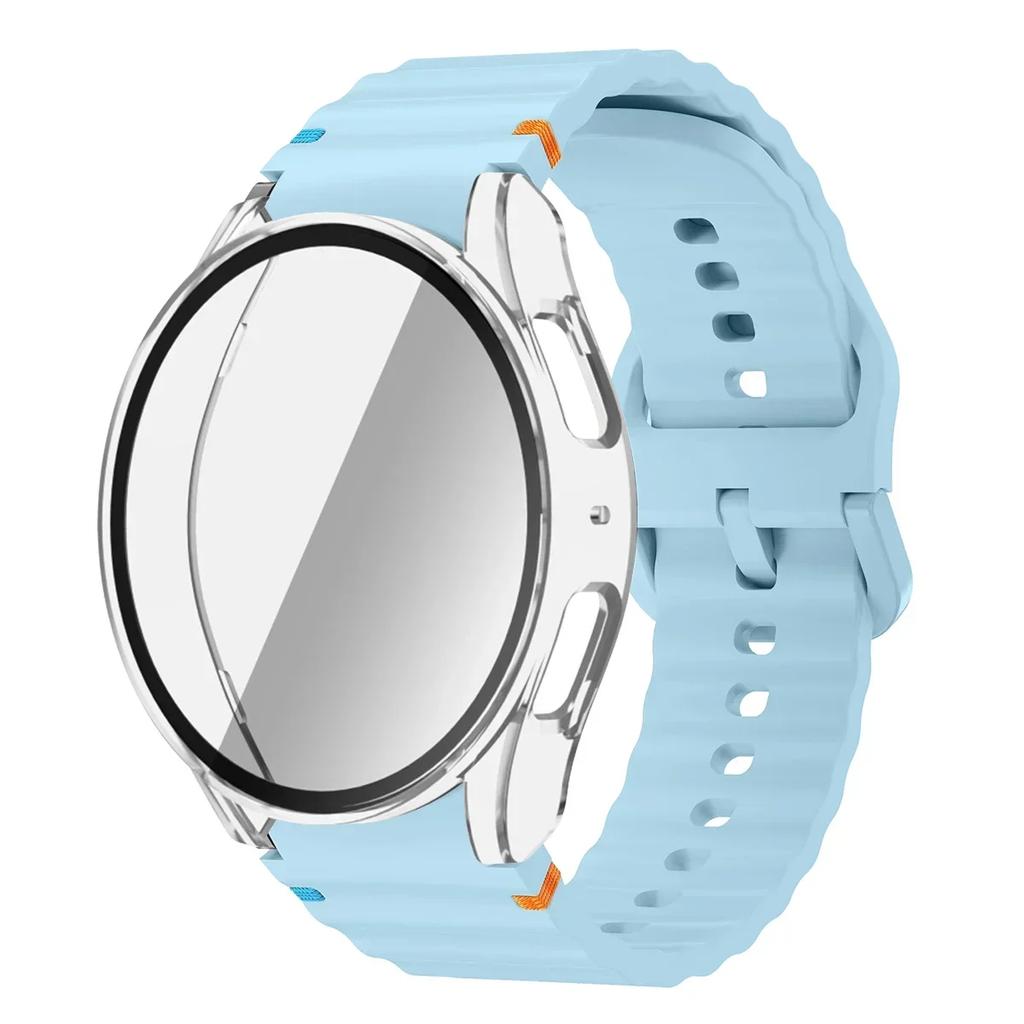Чехол+Ремешок для Samsung Galaxy Watch 7 6 5 4 40мм 44мм Силиконовый Браслет Защитная Пленка для Экрана из Закаленного Стекла Бампер