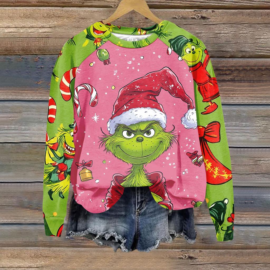 Women's Fashion Casual Long Sleeve Christmas Print Raglan Round Neck Sweatshirt Top