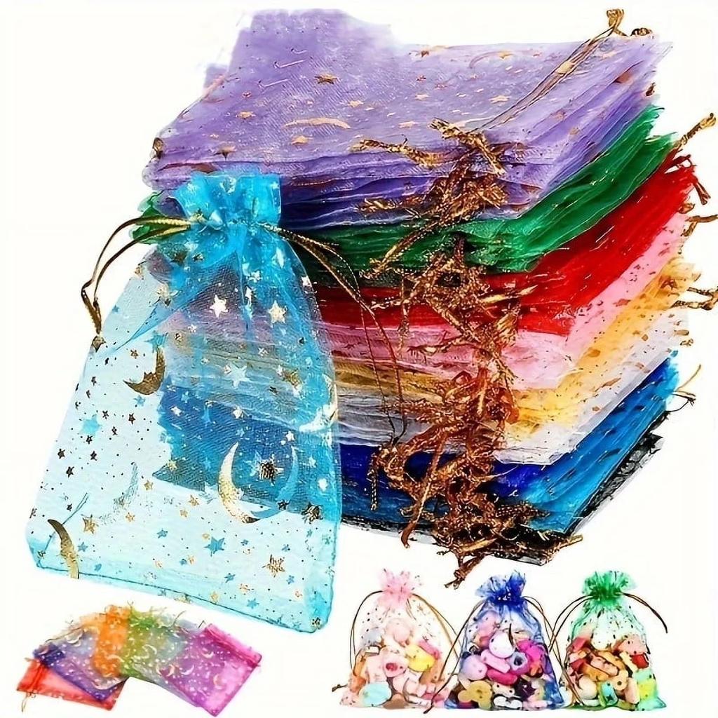 50 шт. Месяц Звезды Органзовые мешочки на кулиске Ювелирные подарочные мешочки Золотые звезды Органзовые подарочные мешочки для Рождества Свадьбы