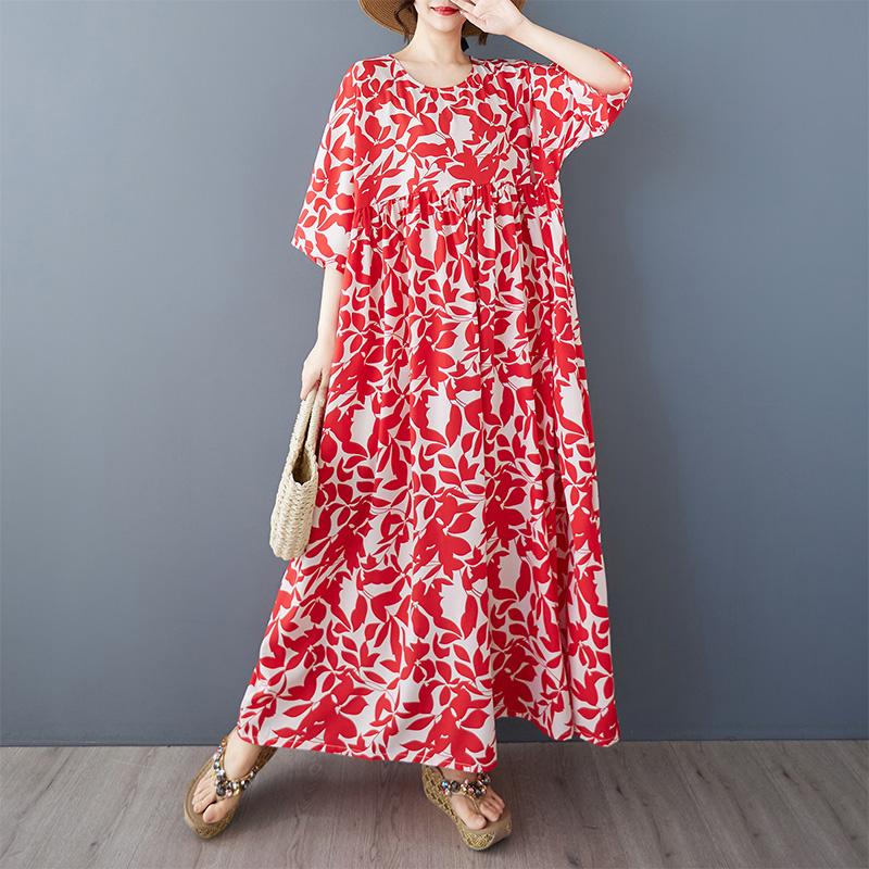 Новое хлопковое винтажное платье с цветочным принтом больших размеров с коротким рукавом для женщин, повседневное свободное длинное летнее платье
