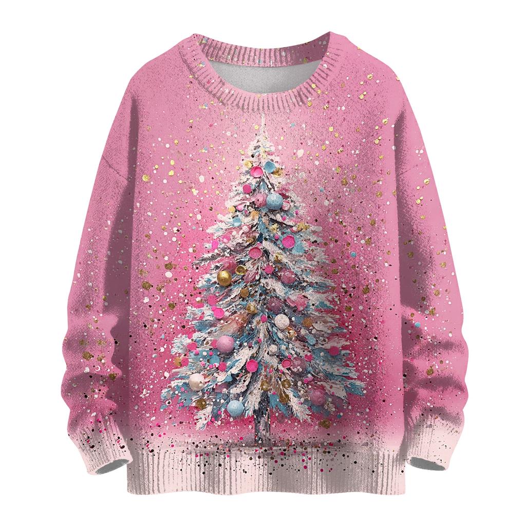 Ladies' Fashionable Casual Long Sleeved Christmas Printed Round Neck Knitted Yarn