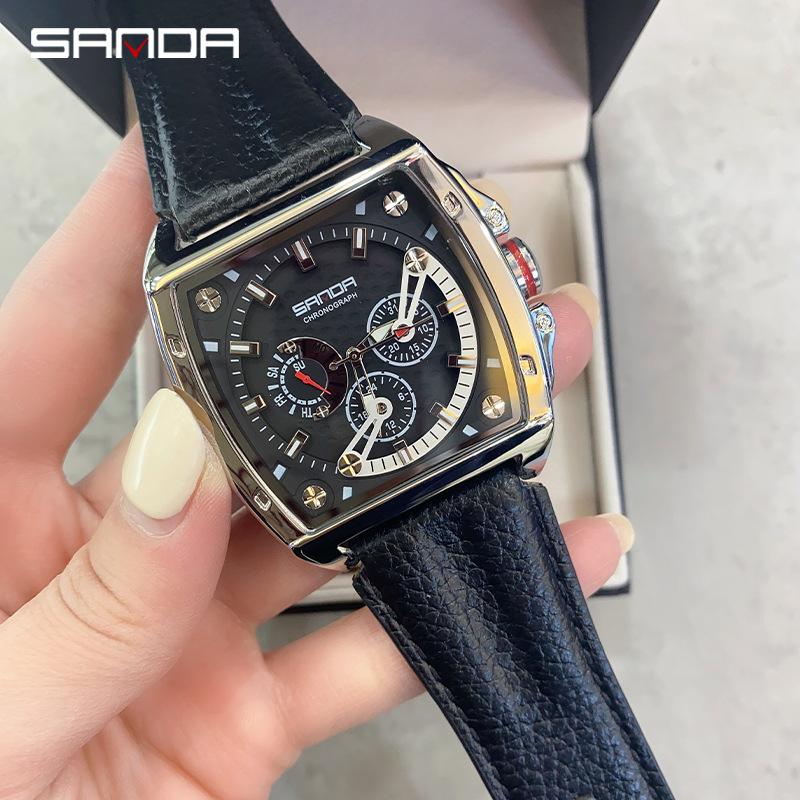SANDA Sanda Новые кварцевые часы с квадратным ремнем, модные часы с тремя глазами и шестью контактами, весы для ногтей
