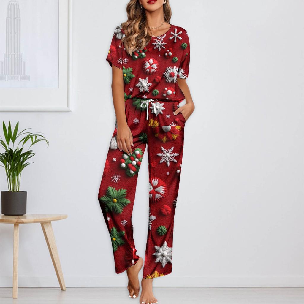 Женский шелковый атласный пижамный комплект с рождественским принтом, рубашка с коротким рукавом и длинные пижамные штаны, мягкая домашняя одежда
