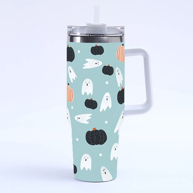 Halloween Print 40oz Large Capacity Thermos Cup, Thermal Insulation and Cold Retention, Ice Cup with Handle and Straw, Car Cup