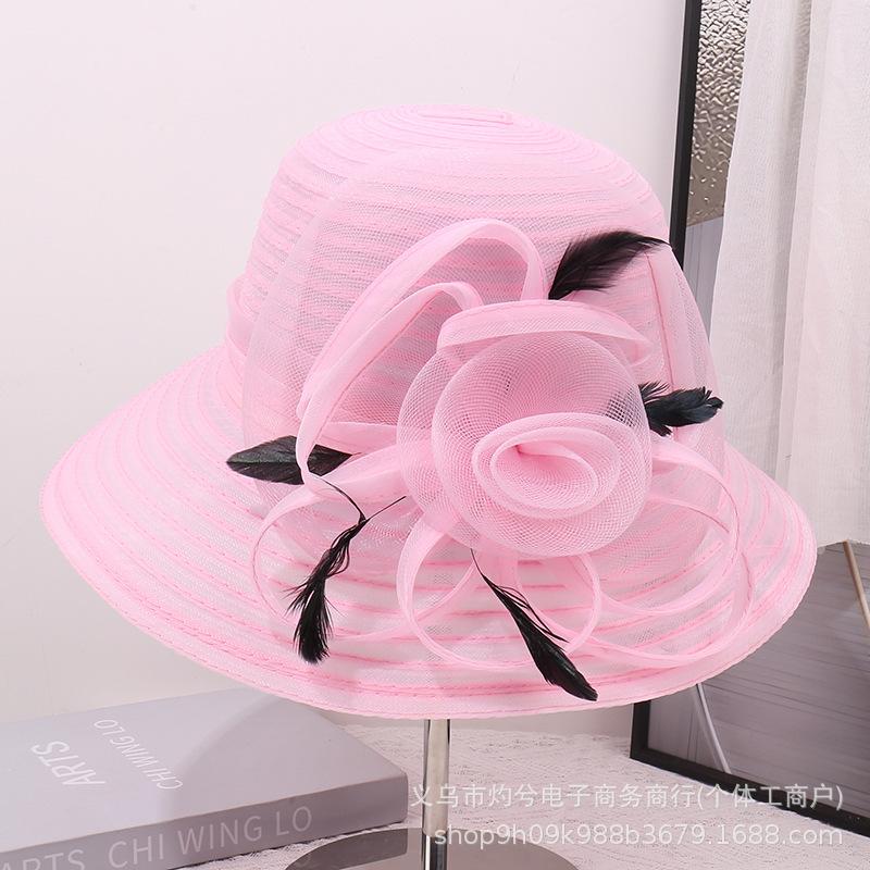 Spring and summer women's new big flower feather decoration middle-aged and elderly mother mesh gauze hat outdoor shading elegant hat