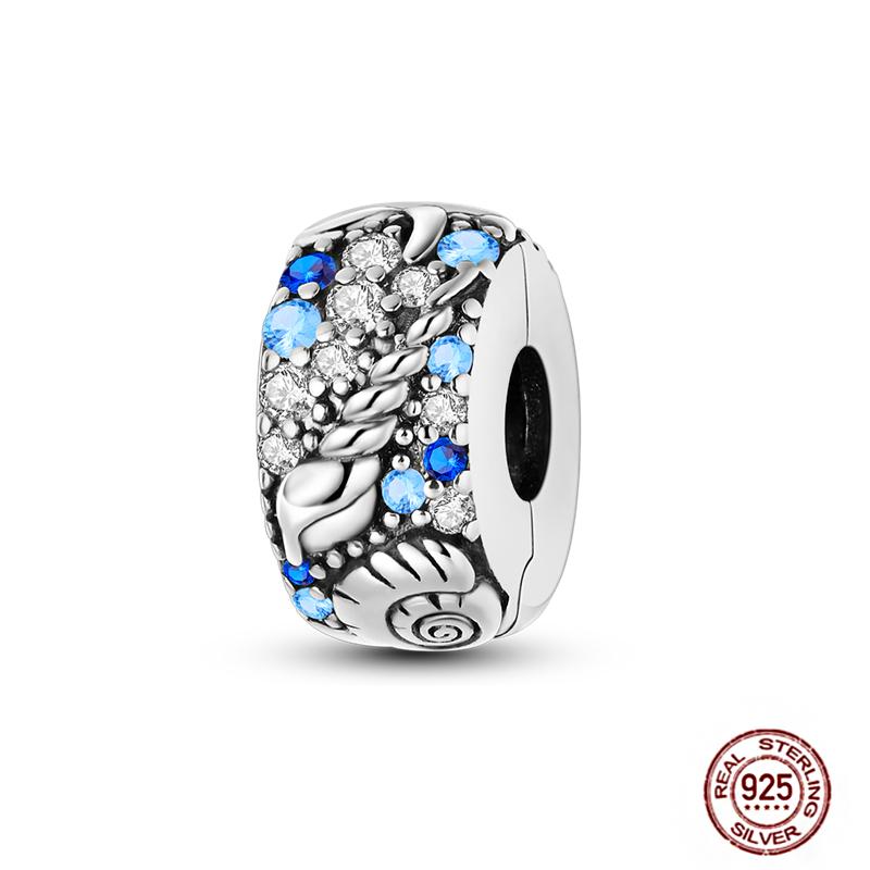 Round 925 Copper Clasp Pave Clip Charms Blue Star Moon Butterfly Slide Safety Chains Spacer Beads Fits Original Bracelet Zircon