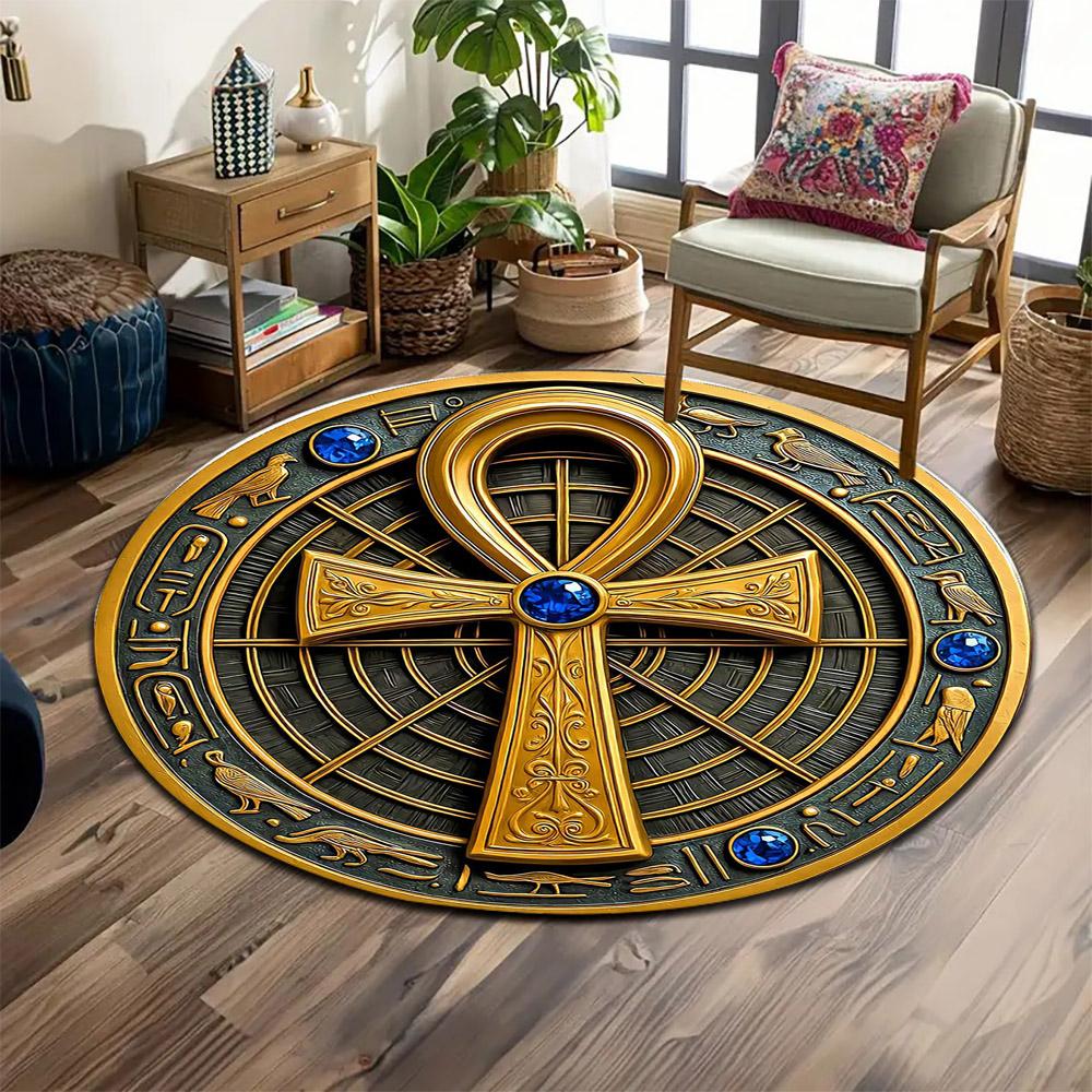 "Golden Ankh with Hieroglyphic Design" Print round rug, living room, bedroom, playroom carpet, non slip floor mat, gift