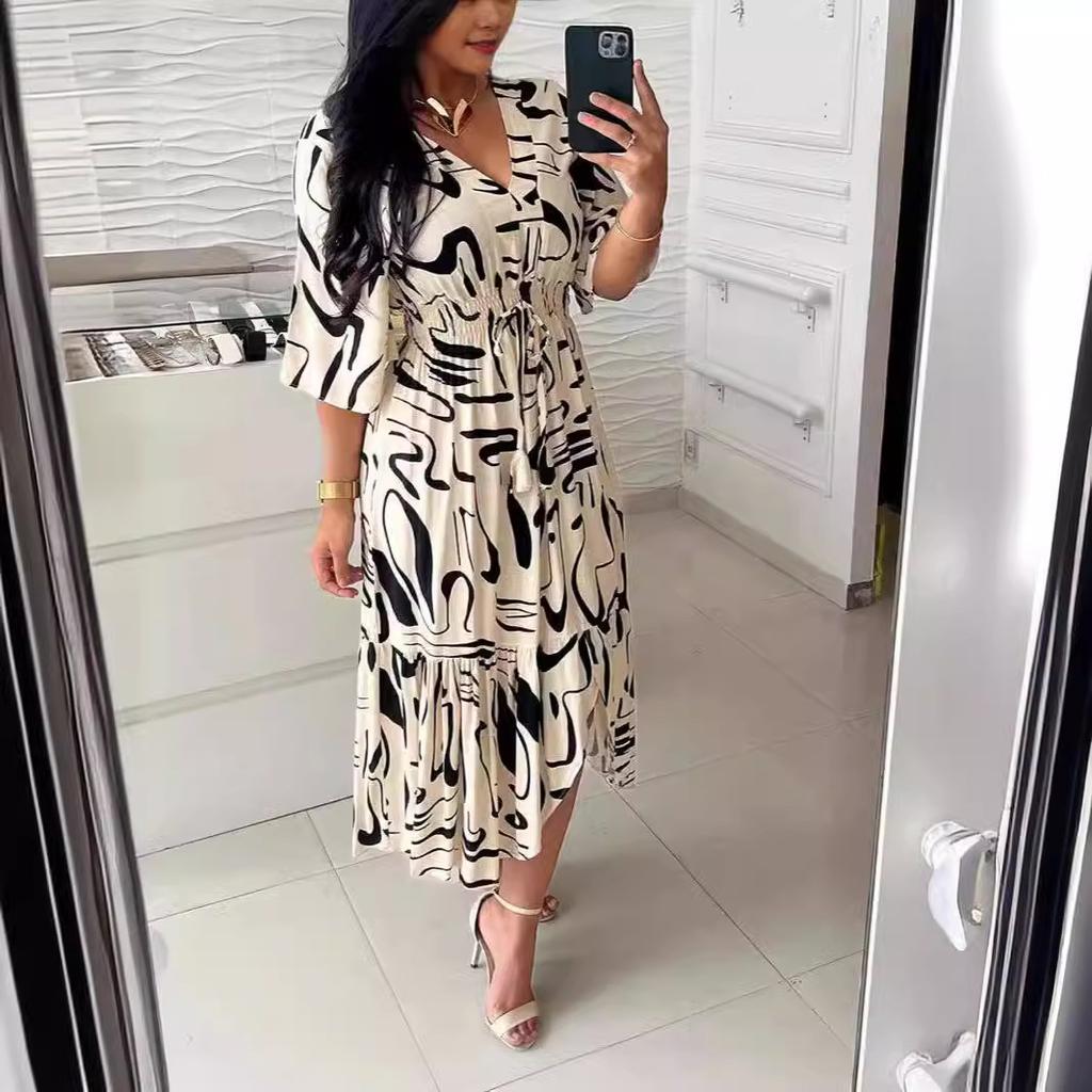 Платье миди в стиле бохо с принтом для женщин, V-образным вырезом, короткими рукавами, высокой резинкой на талии, А-силуэтное платье, женское модное повседневное платье-халат, Vestido