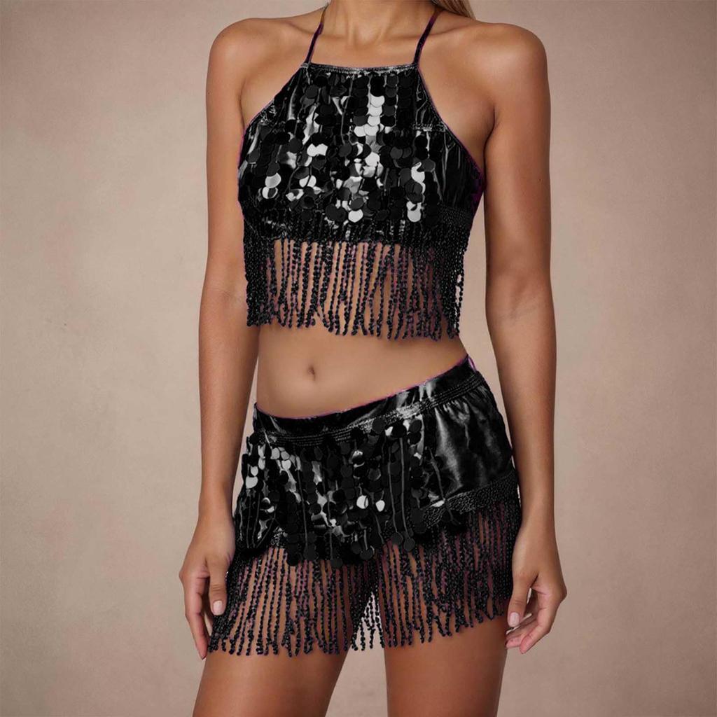 2 Pieces, Bra With Sequined Tassels, Fringed Top, Belly Dance Skirt, Carnival, Club, Costumes