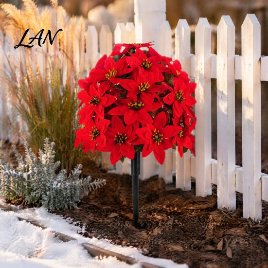 Fade Resistant Flowers Artificial Poinsettia Flower Ornaments, Realistic Decorations, Fake Exquisite Christmas Ornaments with Stake for Holiday Party