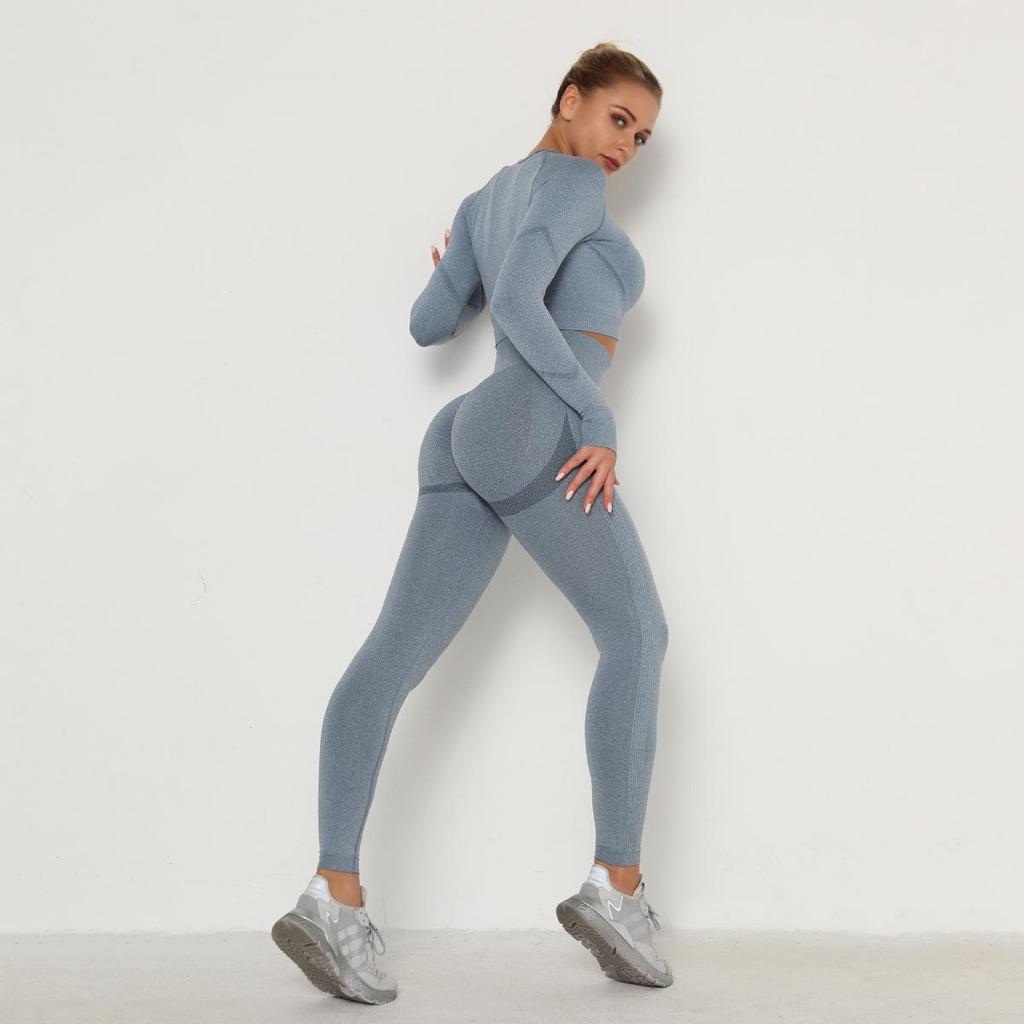 Women Seamless Yoga Suit Sweat Absorbing Hip Lifting High Waist Fitness Pants Tight Long Sleeve Sports Suit