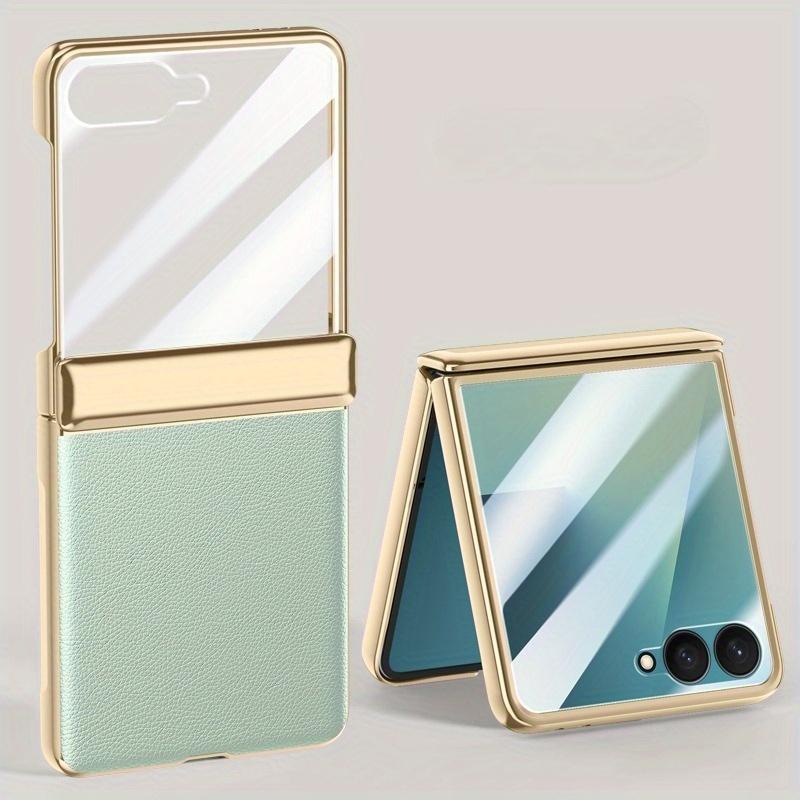 For Samsung Galaxy Z Flip 7 6 Flip7 Flip6 Phone Case with Screen Protector & Hinge Protection PU Leather Plating Frame Cover
