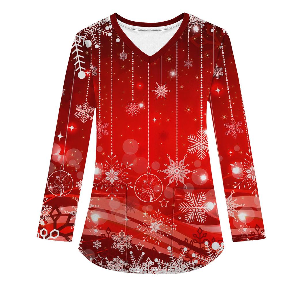 Женская модная рабочая одежда с V-образным вырезом, длинным рукавом и карманом, рождественский принт, футболка, топ