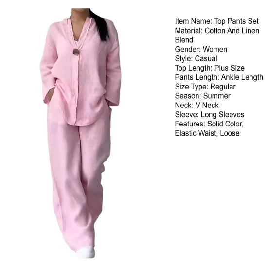 2 Pcs/Set Women Plus Size Shirt Trousers Set Solid Color Long Sleeves V Neck Blouse High Waist Loose Wide Leg Pants Set Casual Commute Outfit