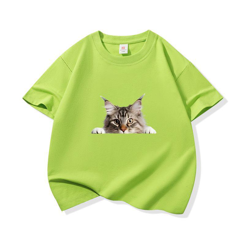 Kids Cotton T Shirt Peeking Maine Cat Pattern Print Crew Neck Short Sleeve Tee Casual Breathable Boys Girls Summer Tops