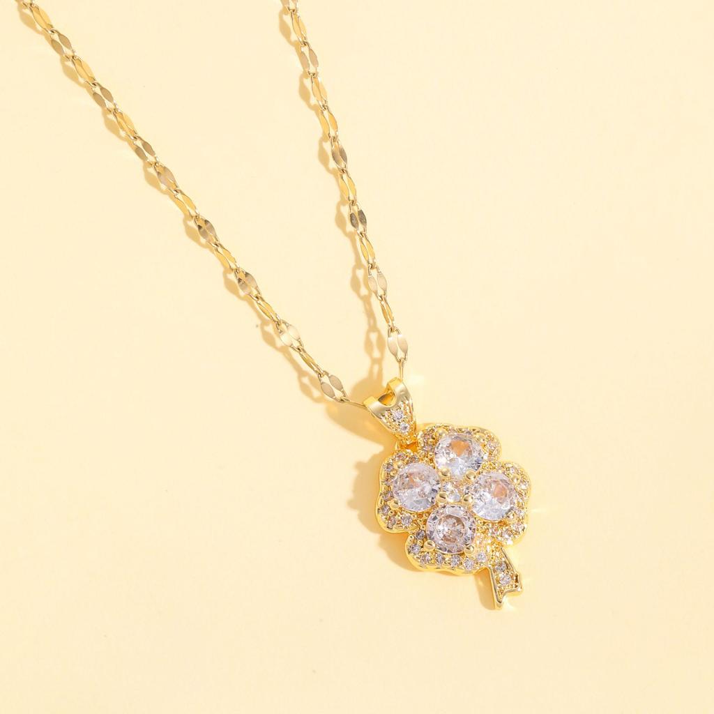 Four-Petal Flower Necklace Women'S Light Luxury High-End Inlaid Zircon Set