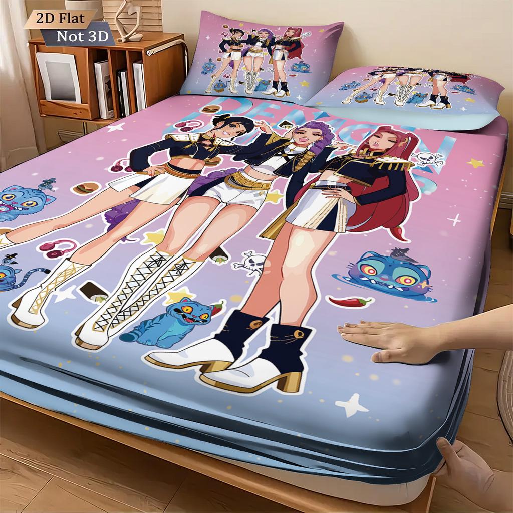 3pcs K-Pop Demon Hunters Print Coreless Fitted Sheet Set Multiple Size Bedrooms Dormitory Bedcover Decoration Machine Washable