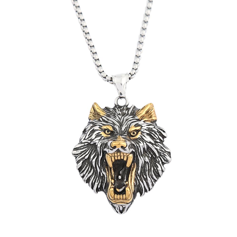 Nordic Hip Hop Retro Titanium Steel Men's Necklace Does Not Fade Domineering Personality Stainless Steel Viking Wolf Head Pendant