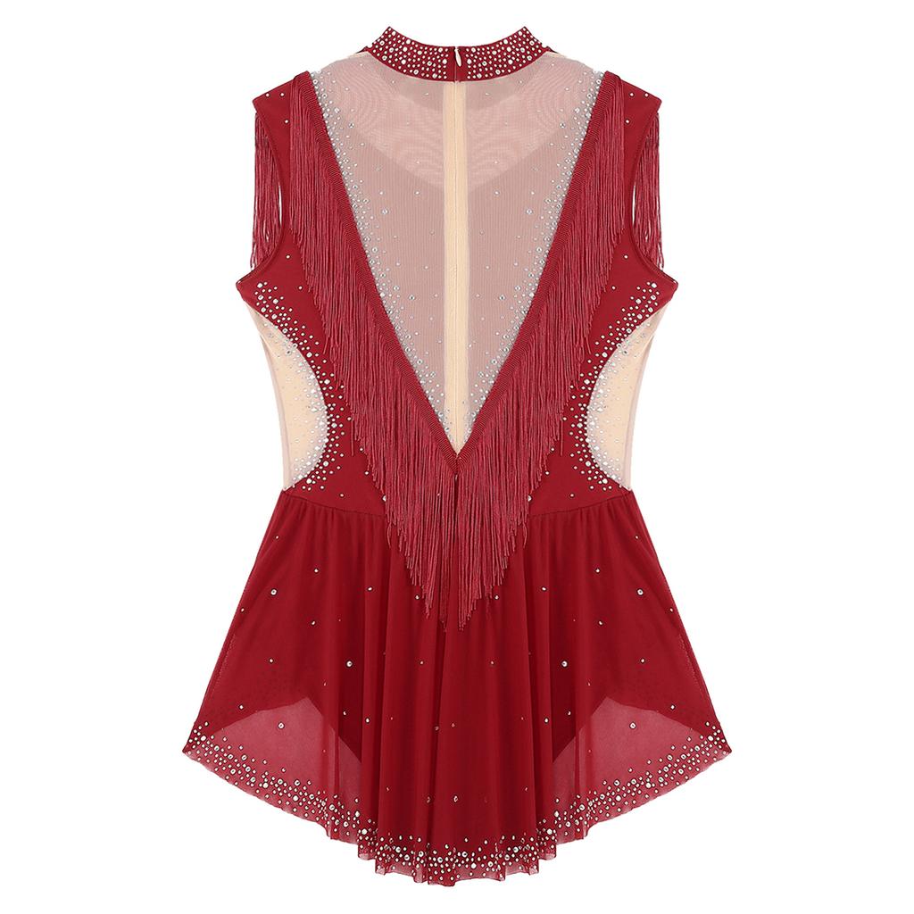 Womens Ballet Gymnastics Dress Rhinestones Figure Ice Skating Leotard Sleeveless Sheer Mesh Patchwork Tassel Skirted Bodysuit