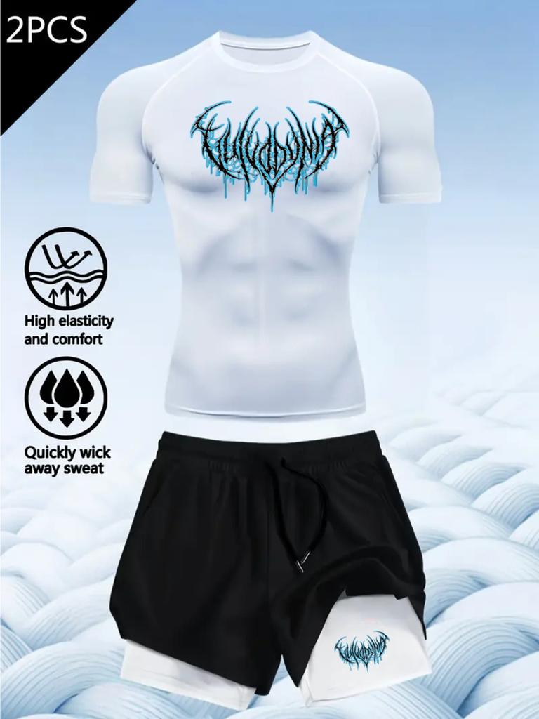 2D printed T-shirt men's summer two-piece sportswear running T-shirt elastic quick-drying sports top sports fitness shirt men's