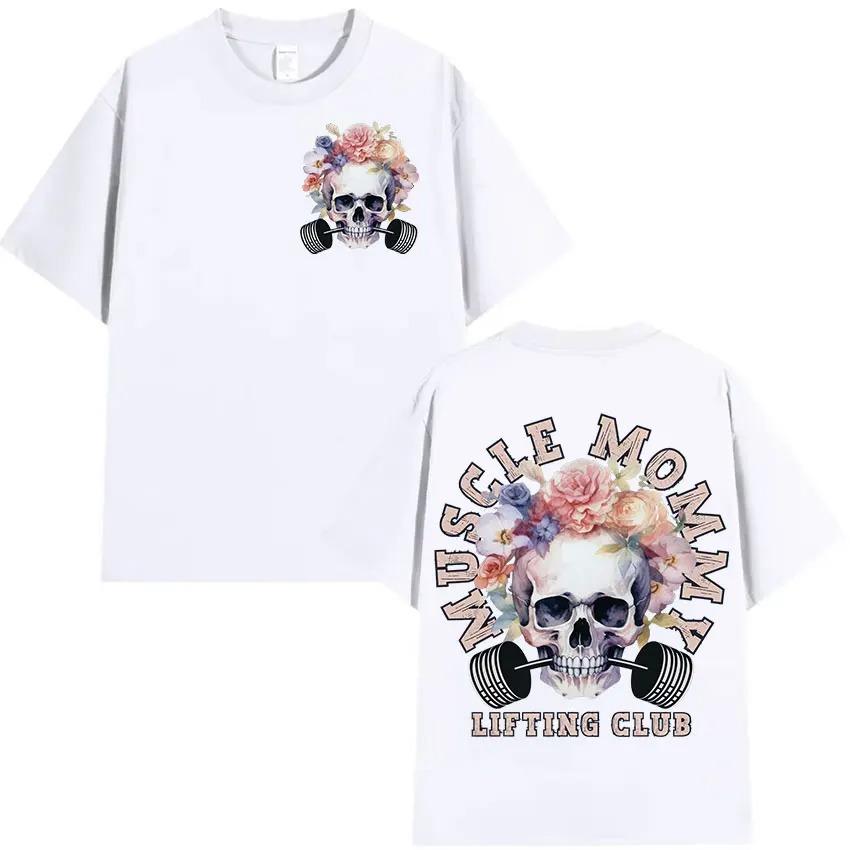 Y2k Top Muscle Mom FitnessTshirt Retro Skull Headwear Short Sleeve Street Fashion Clothing Round NeckTop Fitness Emoji Tshirt