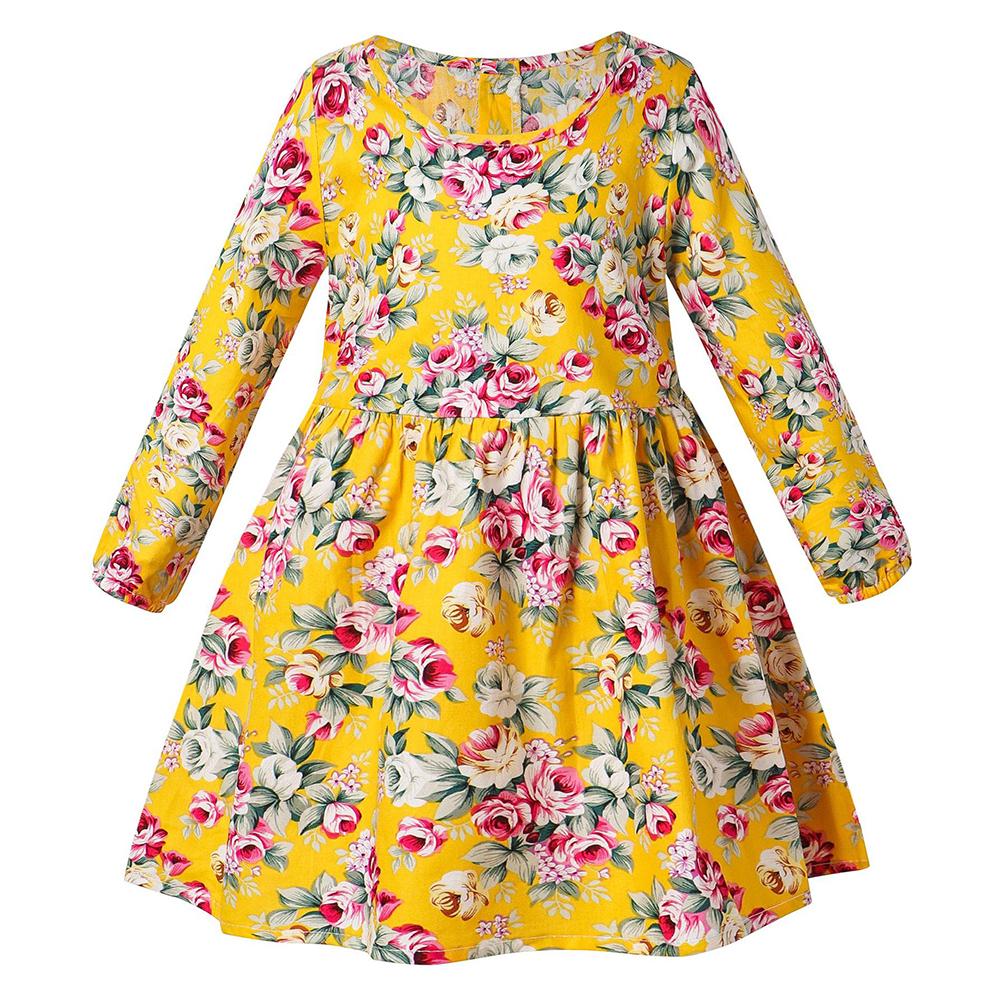 Хлопковое детское платье с длинными рукавами и цветочным принтом для девочек