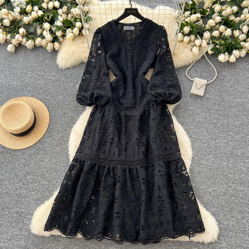 Весна-лето Женские V-образные вырезы с рукавами-фонариками Вышитые кружевные длинные макси вечерние платья
