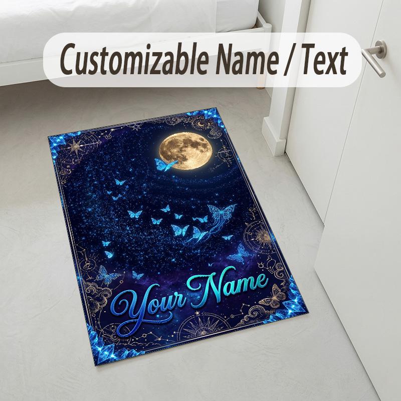 Night Sky Butterflies Theme Soft Crystal Velvet Rug Custom Name & Text Print Non Slip Floor Rug for Bedroom Living Room