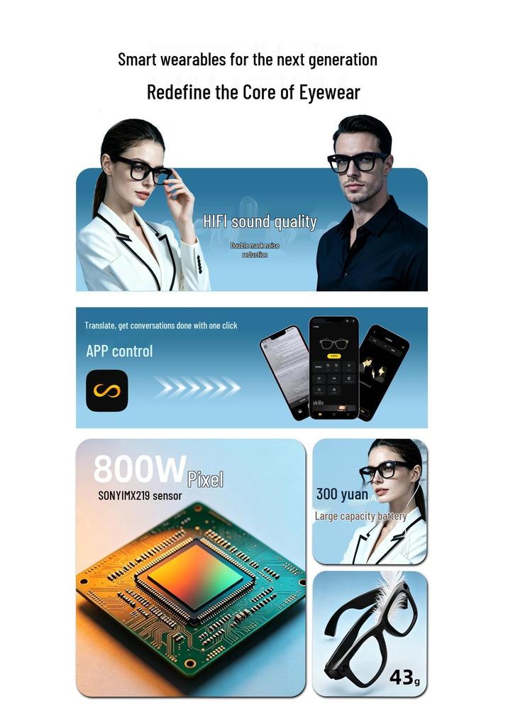 Cross-Border AI Smart Glasses T100: 800W Pixel Camera, 8G Memory, Video Recording, AI Object Recognition, Translation