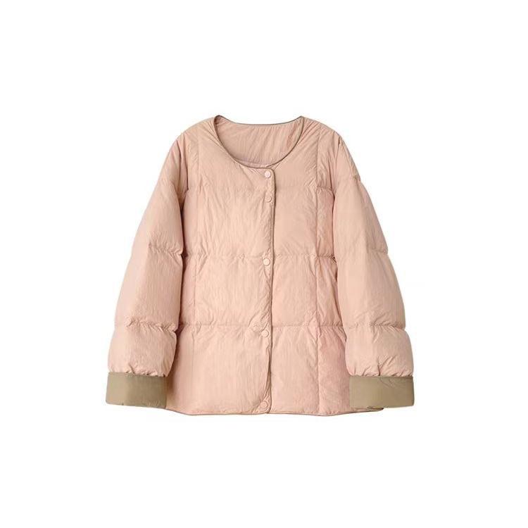 2024 осень и зима новый свободный однобортный пуховик с круглым вырезом в тон цвета небольшой простой короткий женский пуховик