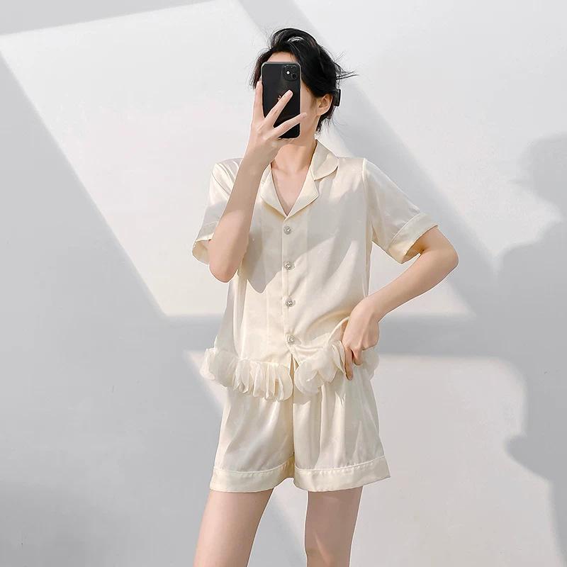 Ice silk pajamas women's summer new French ruffle edge high-end short-sleeved shorts thin light luxury loungewear set