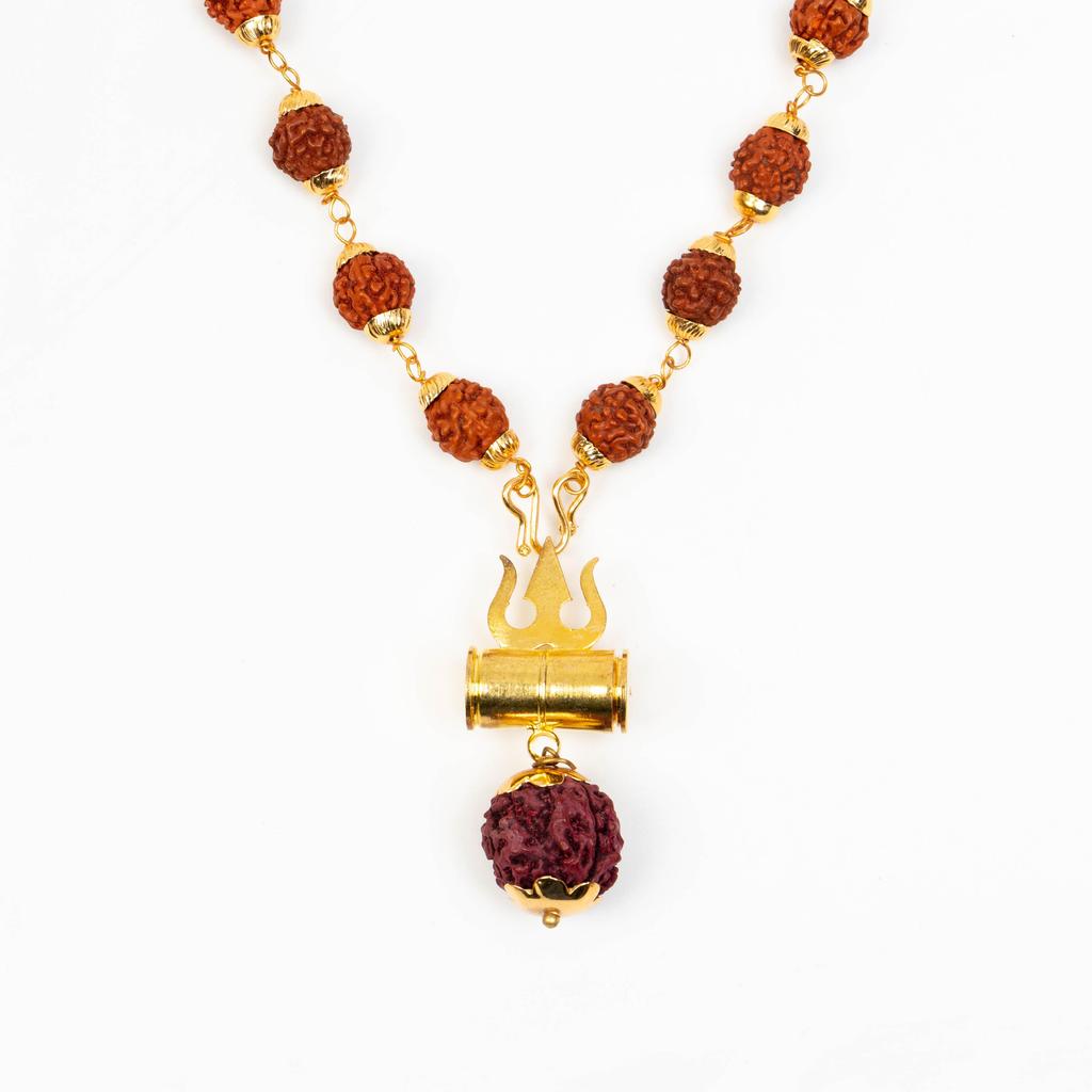 Rudraksha Mala with Brass Caps & Shiva Trishul | Natural Rudraksha Beads Necklace | Hindu Prayer Jewelry | Healing Mala | Unique Religious Gift
