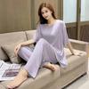 Women's Spring and Summer Thin Section Loose Homewear Suit Solid Color Casual Short-sleeved Blouse + Pants Two-piece Set