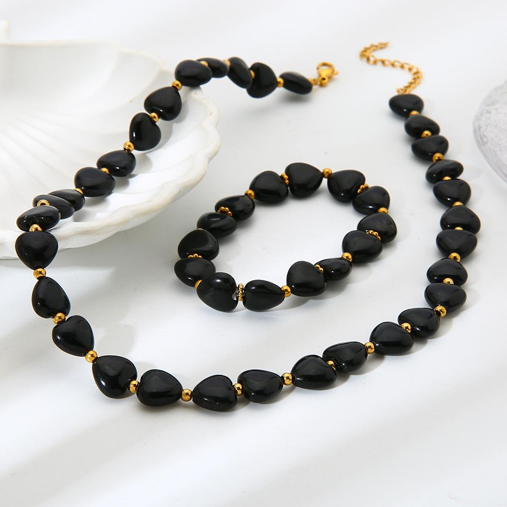 Hot Sale Fashion Sweet Cool Black Peach Heart Natural Stone Beaded Bracelet Necklace Plated 18k Gold Stainless Steel Jewelry