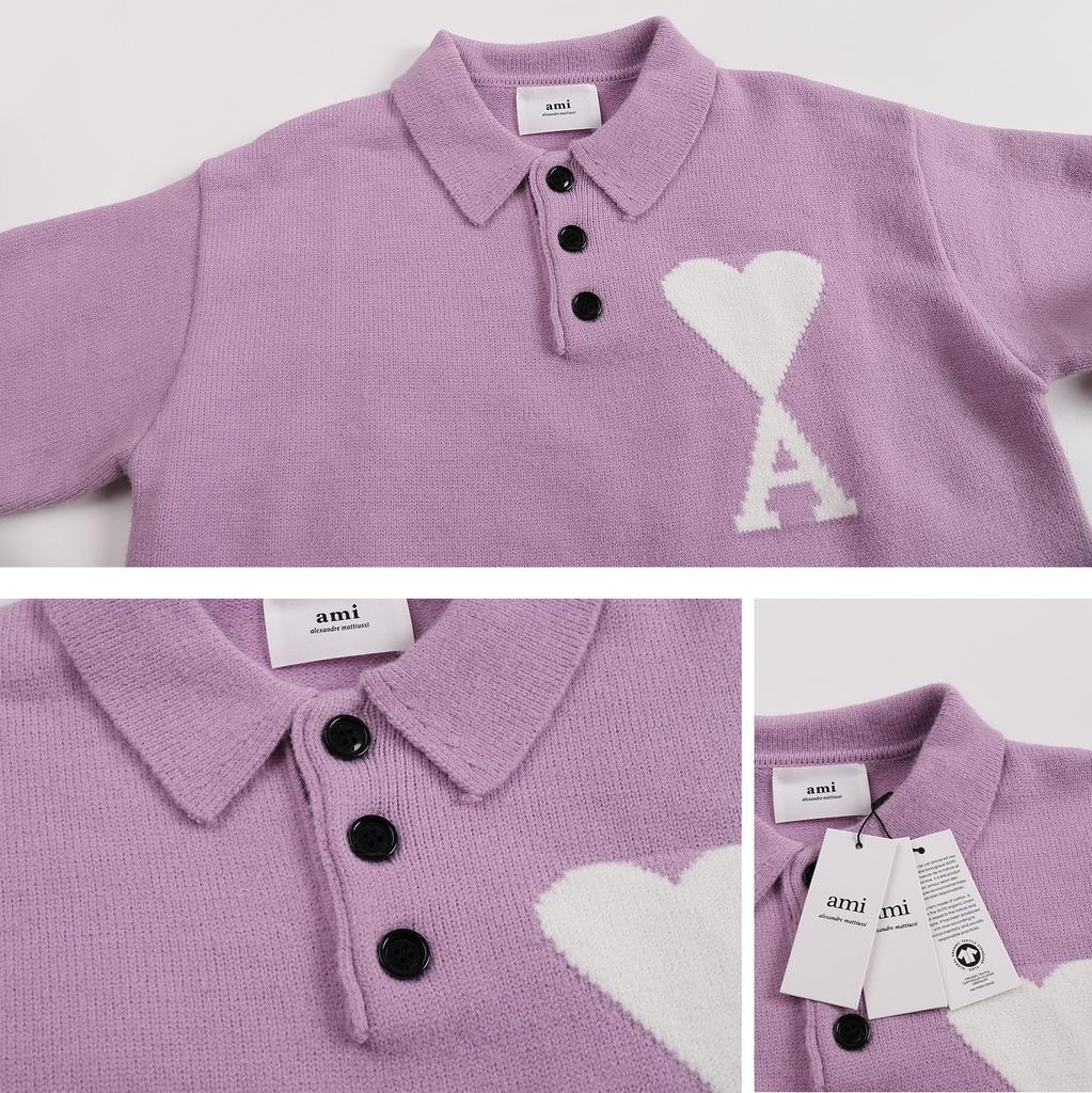AMI New Polo Collar Knitted Sweater Jacquard Love Couple Woolen Sweater