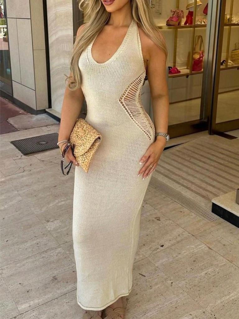 Rose Beauty Сексуальное платье с V-образным вырезом, открытой талией и завязкой на спине, трикотажное платье-халтер для вечеринок и клубов, облегающее длинное платье-свитер