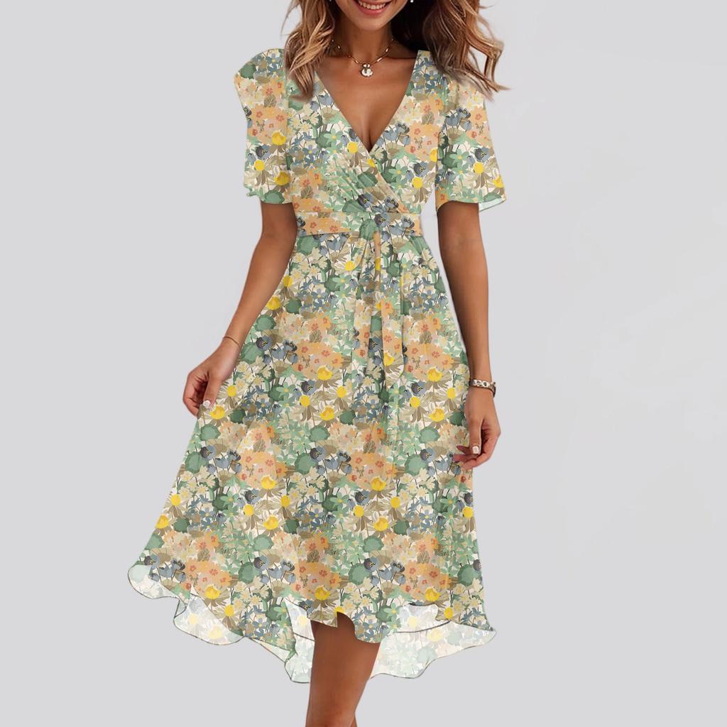 Women's Fashion Casual V Neck Short Sleeve Ruffled Vintage Printed Dresses
