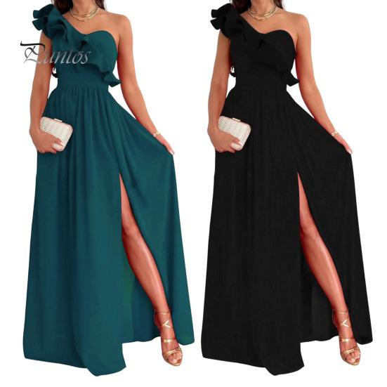 Женское вечернее платье на одно плечо с рюшами и плиссировкой с высокой талией, однотонное трапециевидное платье без рукавов с большим подолом для выпускного вечера, коктейльное платье макси, бальное платье